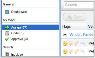 Zoomed in section of the Pandell AP dashboard where invoices can be assigned to the user's approval workflow