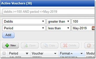 A zoomed in section of Pandell JV showing active vouchers and their periods