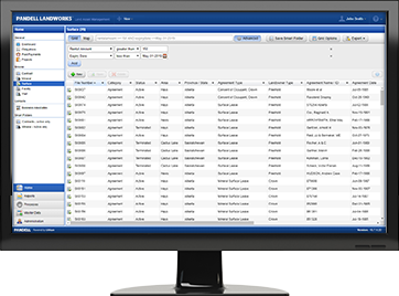 Pandell LandWorks dashboard showing a filtered grid of queried land data