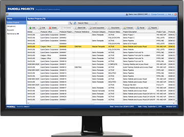 Pandell Projects software dashboard displaying a grid list of surface projects and their land broker information