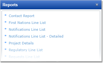 A zoomed in section of Pandell Project's interface showing a variety of customized reports on a land project
