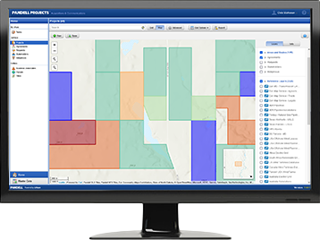 Pandell Projects software interface showing a land project's status and client communication history