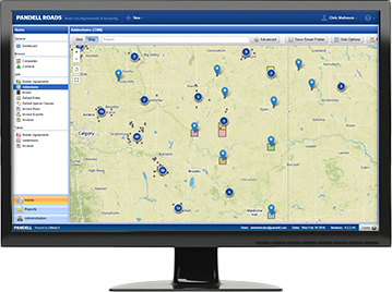 Pandell Roads software interface displaying a visual map overlayed and partitioned by addendum rates